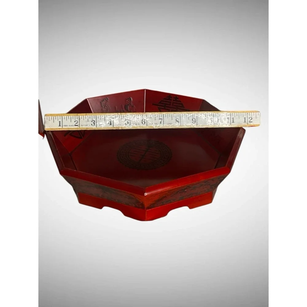 Vintage Korean Red Octagon Wooden Stack Serving Platter Trays Bowl Set Of‎ 2